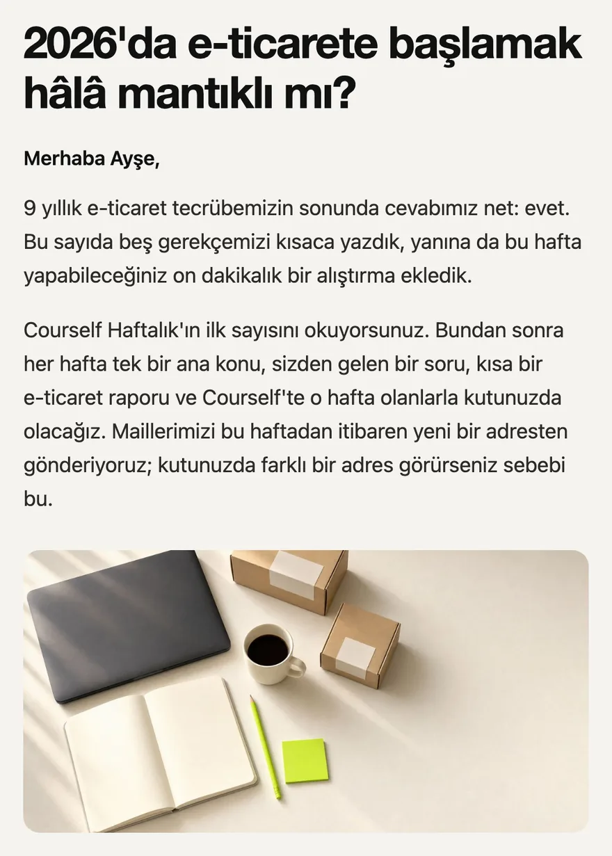 Courself Haftalık Sayı 01'in açılışı: “2026'da e-ticarete başlamak hâlâ mantıklı mı?” başlığı, selamlama, iki açılış paragrafı ve kapak görseli.